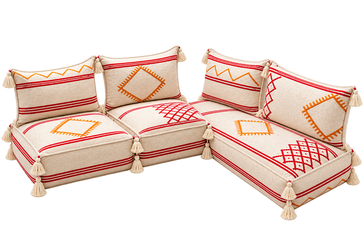 Handcrafted Moroccan Kilim Floor Sofa Set — Red & Ochre Geometric Design