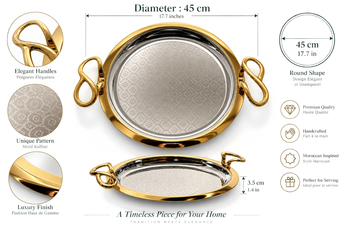 Handcrafted Moroccan Round Serving Tray – Gold & Silver – 45 cm | ARTIZAX