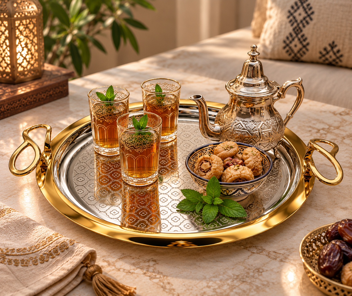 Handcrafted Moroccan Round Serving Tray – Gold & Silver – 45 cm | ARTIZAX