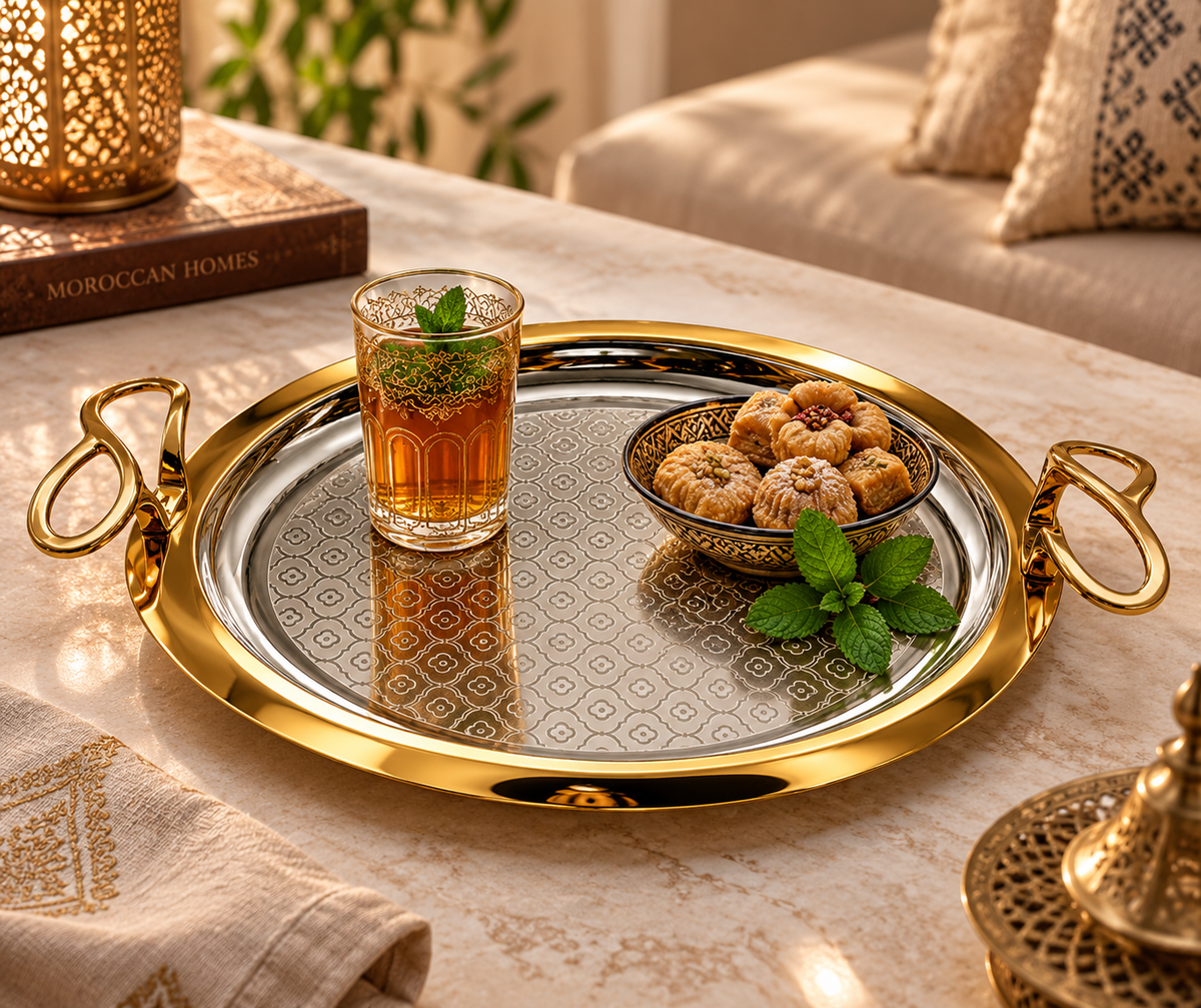 Handcrafted Moroccan Round Serving Tray – Gold & Silver – 45 cm | ARTIZAX