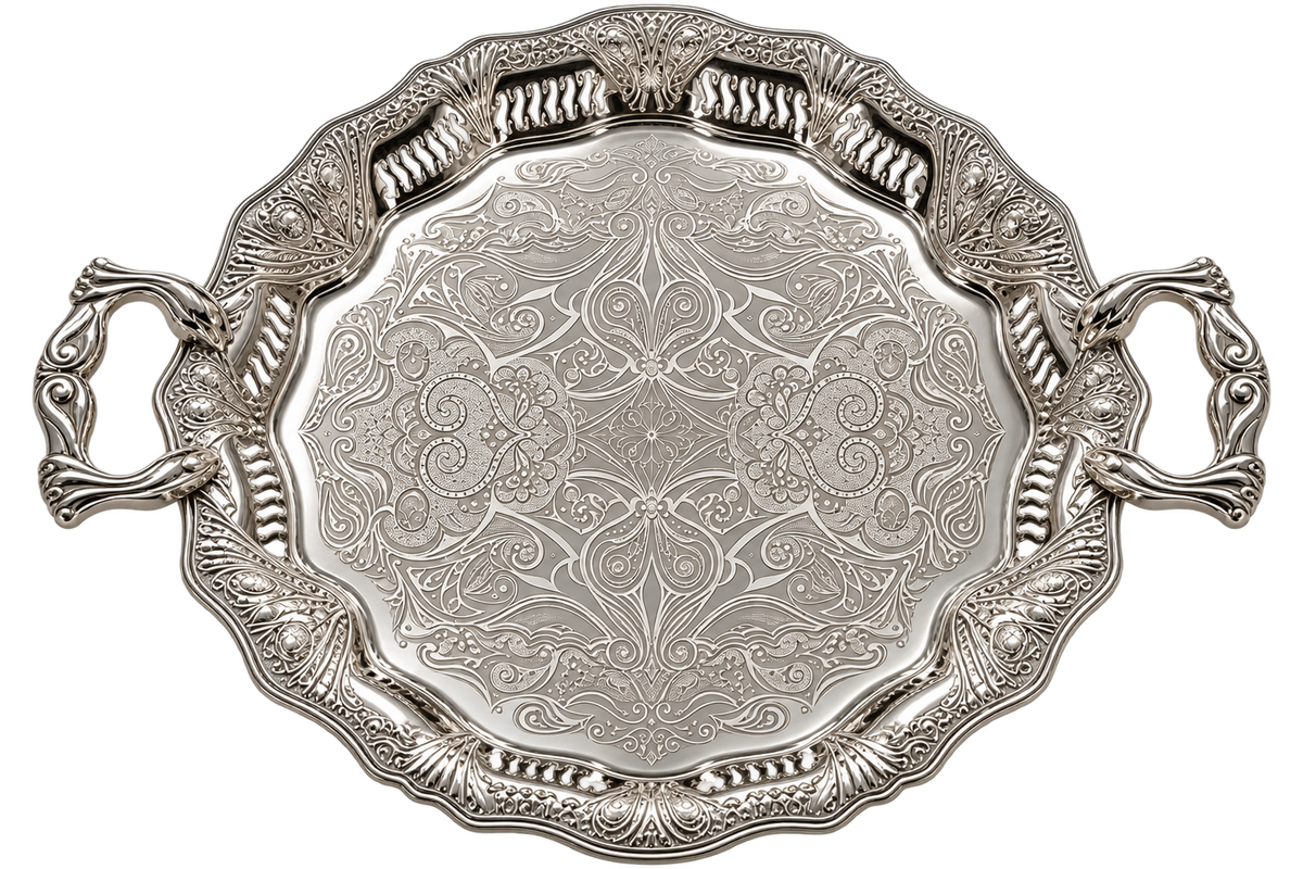 Handcrafted Moroccan Engraved Brass Serving Tray – Silver Plated – 45 cm | ARTIZAX