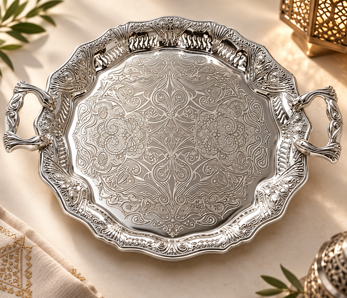 Handcrafted Moroccan Engraved Brass Serving Tray – Silver Plated – 45 cm | ARTIZAX
