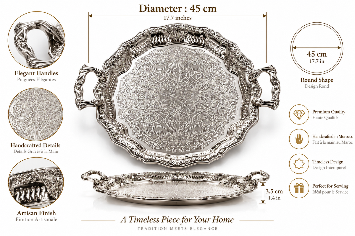 Handcrafted Moroccan Engraved Brass Serving Tray – Silver Plated – 45 cm | ARTIZAX