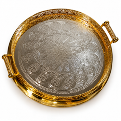 Handcrafted Moroccan Brass Serving Tray – Silver & Gold Finish – 50 cm | ARTIZAX