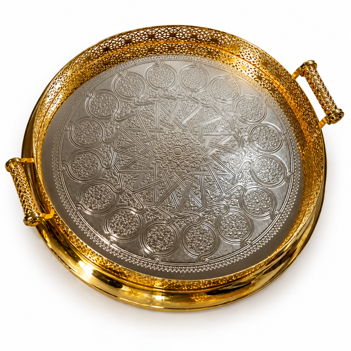 Handcrafted Moroccan Brass Serving Tray – Silver & Gold Finish – 50 cm | ARTIZAX