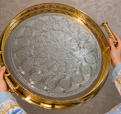 Handcrafted Moroccan Brass Serving Tray – Silver & Gold Finish – 50 cm | ARTIZAX