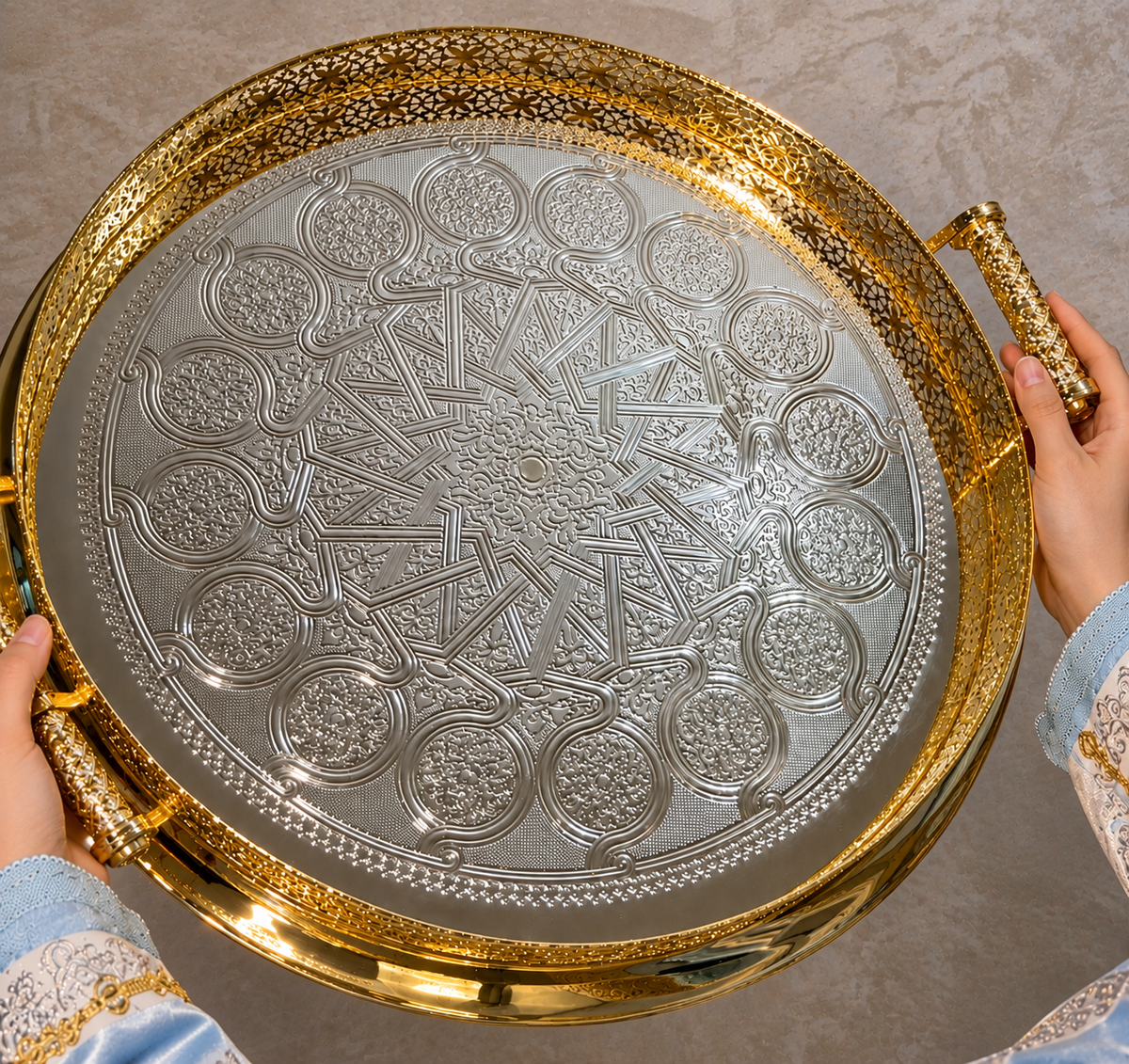 Handcrafted Moroccan Brass Serving Tray – Silver & Gold Finish – 50 cm | ARTIZAX