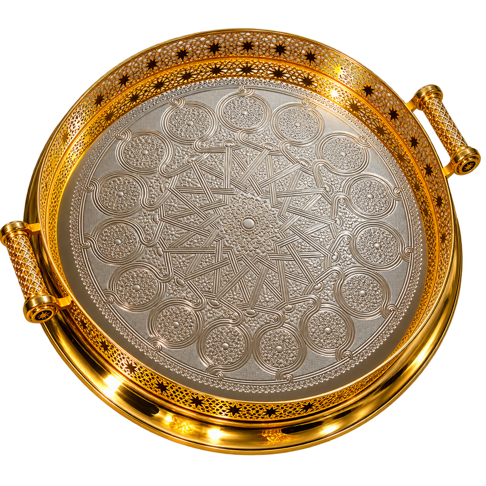 Handcrafted Moroccan Brass Serving Tray – Silver & Gold Finish – 50 cm | ARTIZAX
