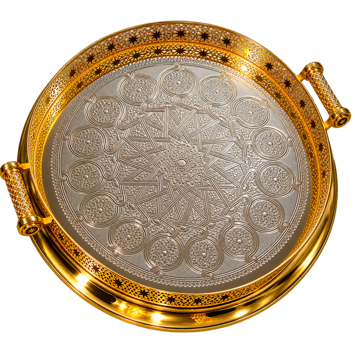 Handcrafted Moroccan Brass Serving Tray – Silver & Gold Finish – 50 cm | ARTIZAX
