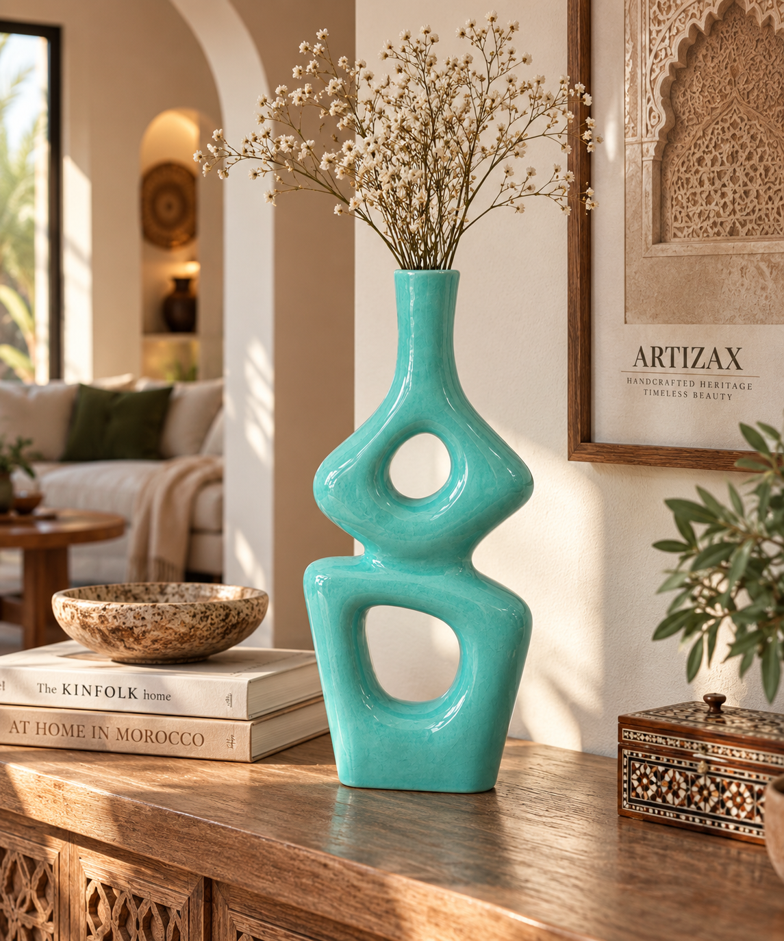 Handcrafted Moroccan Sculptural Ceramic Vase – Turquoise Double-Opening Design