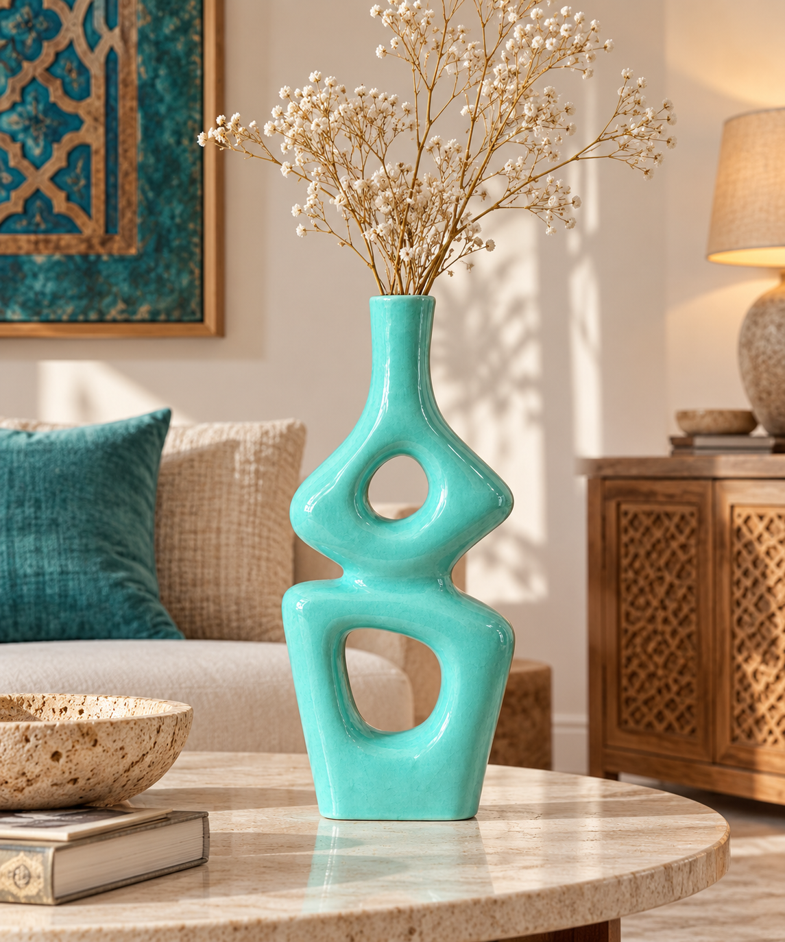 Handcrafted Moroccan Sculptural Ceramic Vase – Turquoise Double-Opening Design