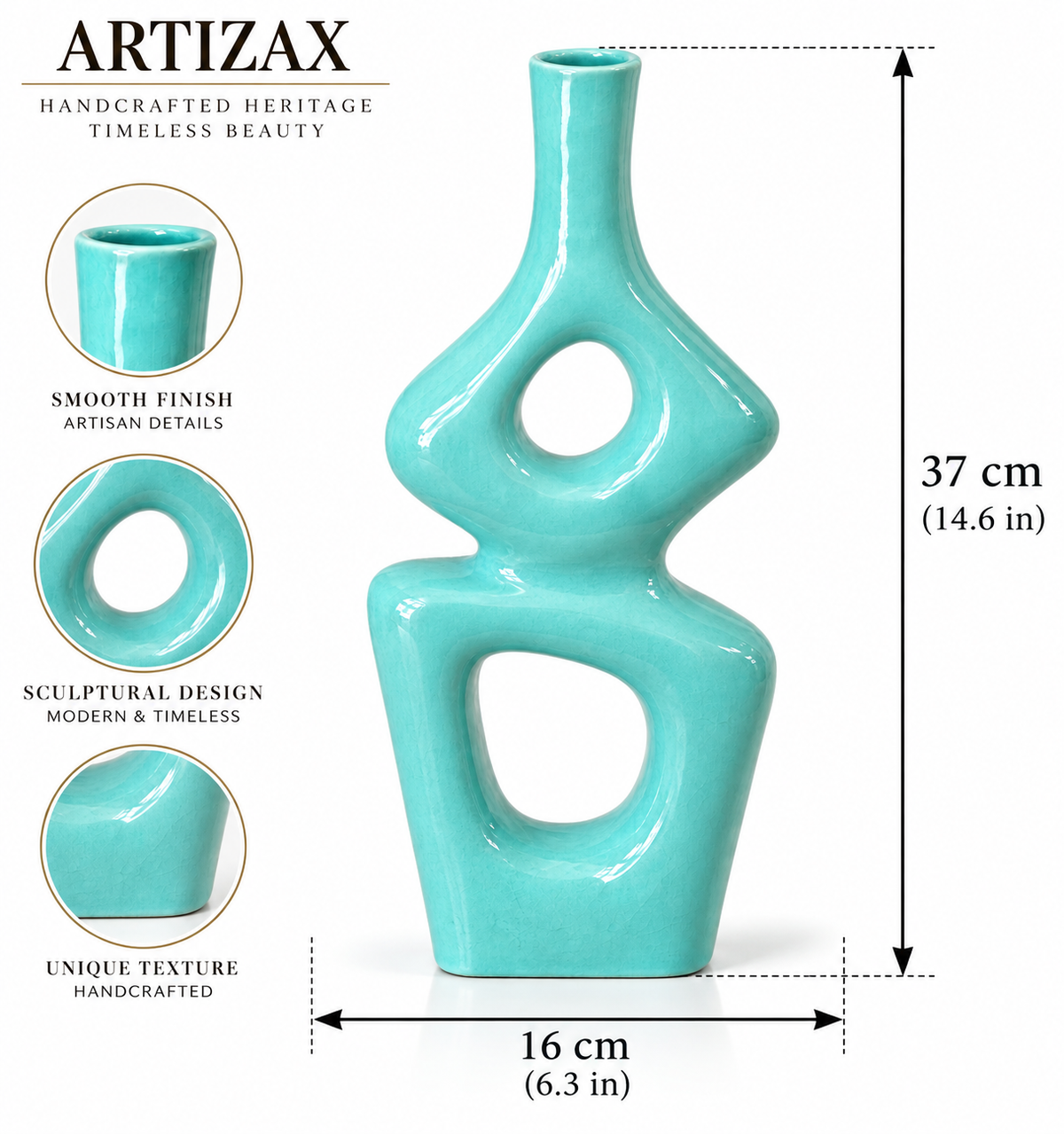 Handcrafted Moroccan Sculptural Ceramic Vase – Turquoise Double-Opening Design