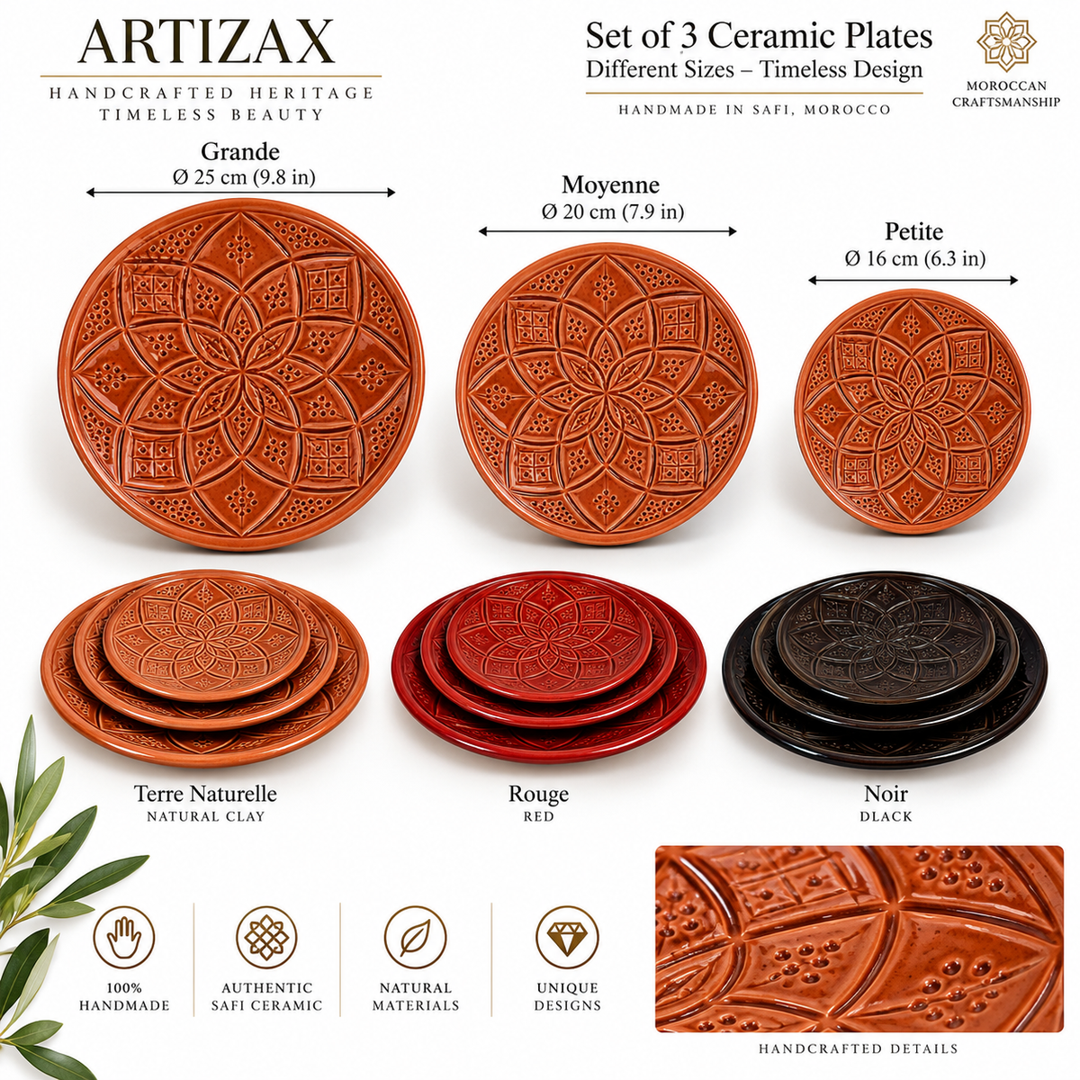 Handcrafted Moroccan Ceramic Plate Set – Set of 3 | Safi Artisan Pottery