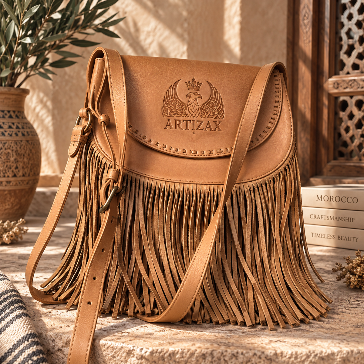 Handcrafted Moroccan Leather Fringe Bag – Personalized ARTIZAX Crossbody Bag