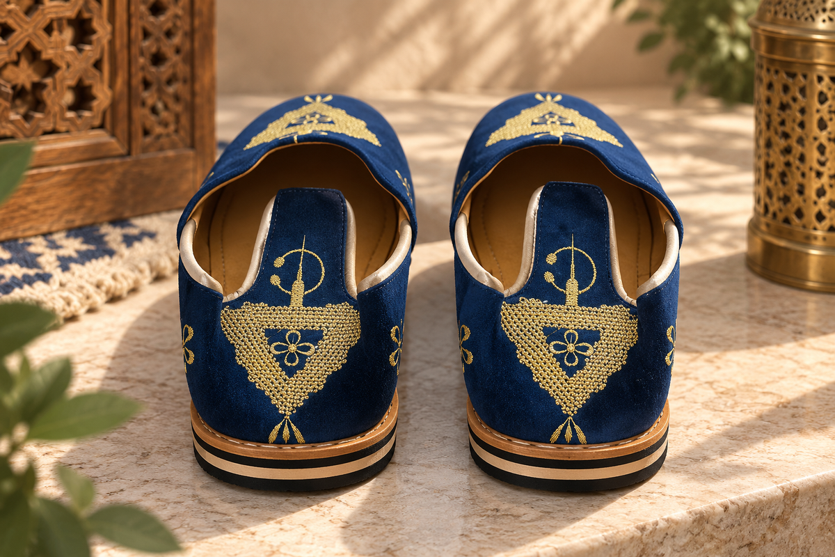 Handcrafted Moroccan Amazigh Leather Babouche – Navy Blue & Gold