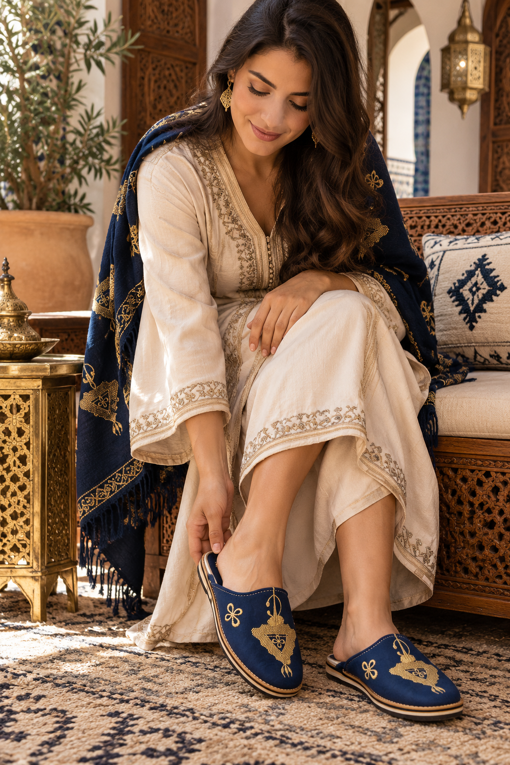 Handcrafted Moroccan Amazigh Leather Babouche – Navy Blue & Gold