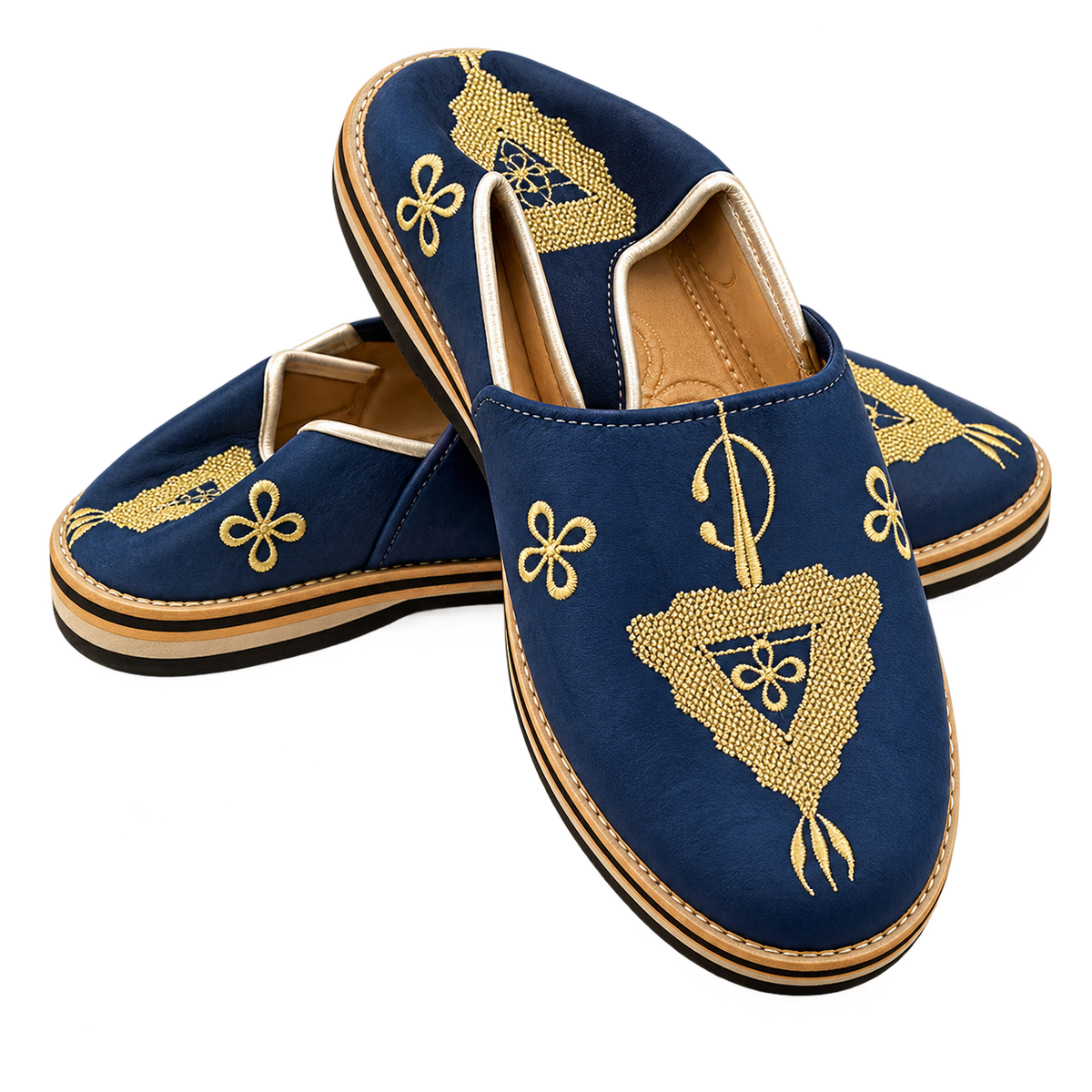 Handcrafted Moroccan Amazigh Leather Babouche – Navy Blue & Gold