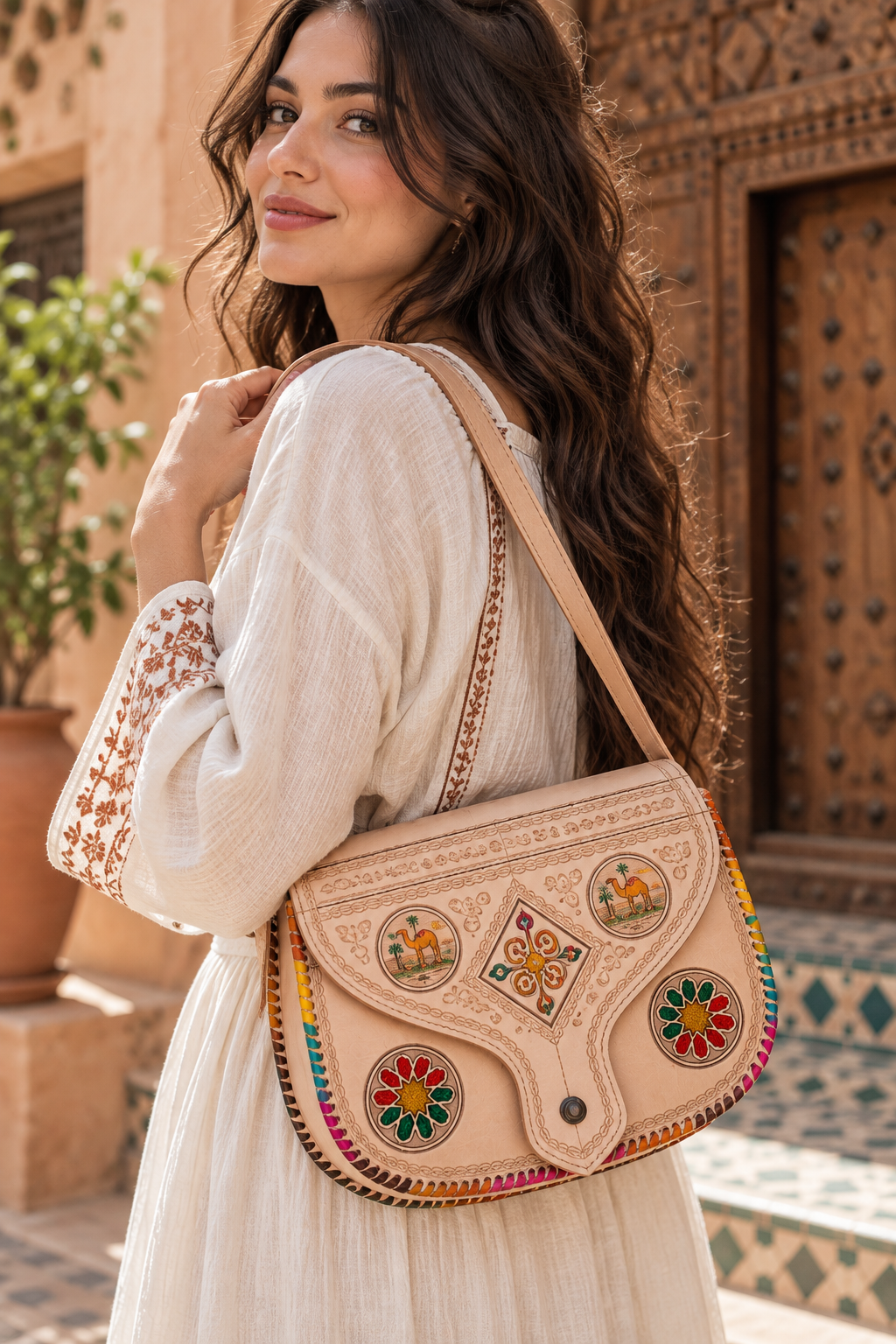 Handcrafted Moroccan Leather Crossbody Bag – Amazigh Camel & Floral Design