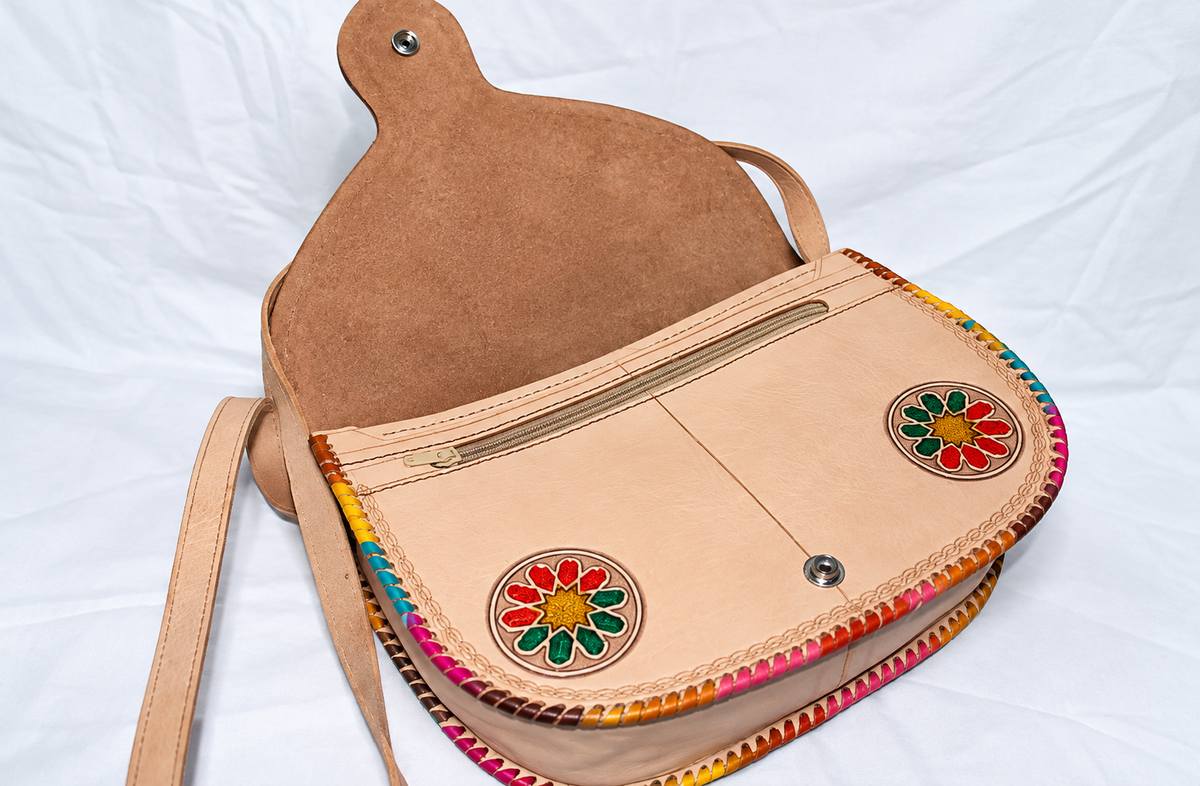 Handcrafted Moroccan Leather Crossbody Bag – Amazigh Camel & Floral Design