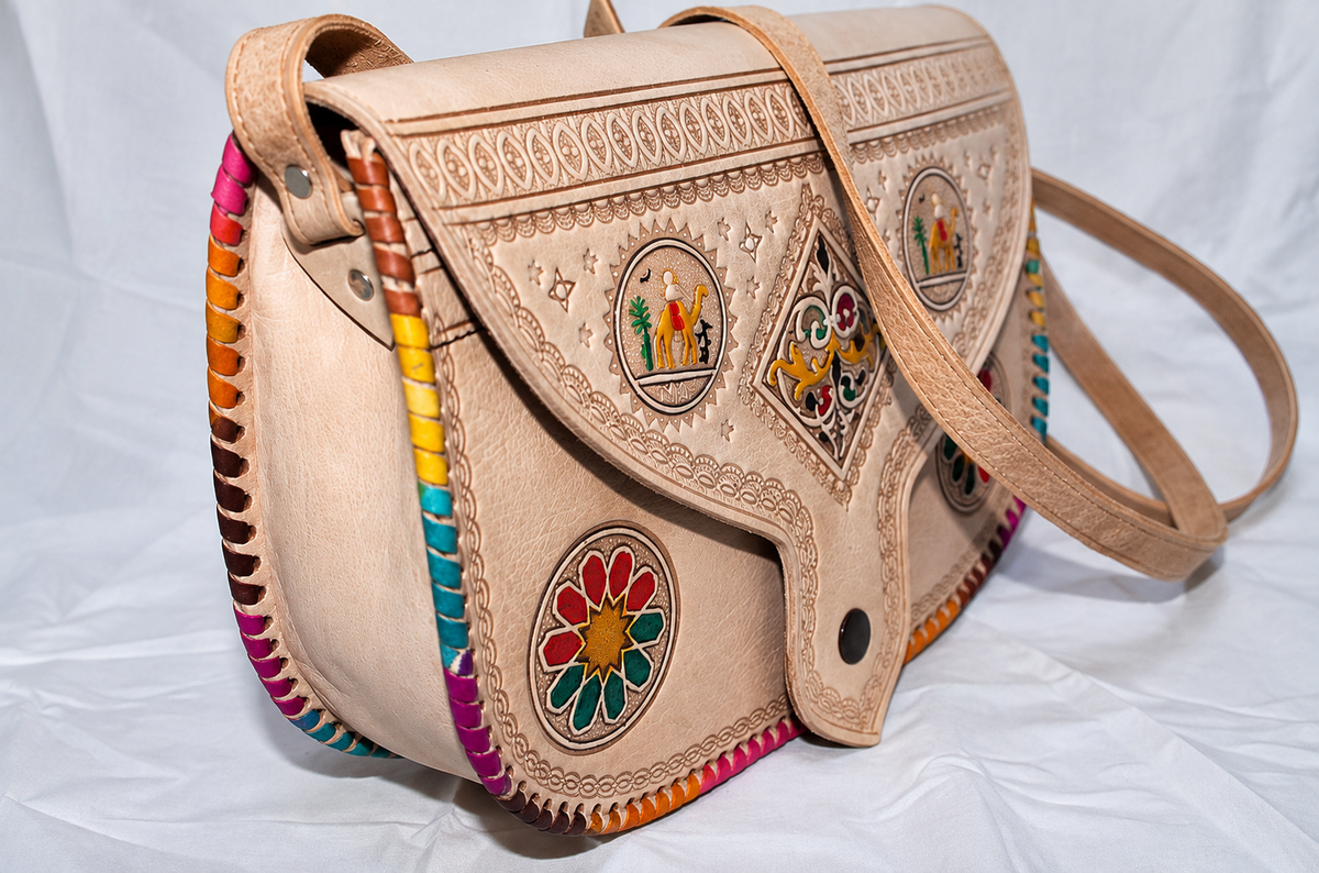 Handcrafted Moroccan Leather Crossbody Bag – Amazigh Camel & Floral Design