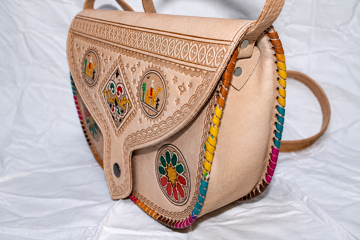 Handcrafted Moroccan Leather Crossbody Bag – Amazigh Camel & Floral Design