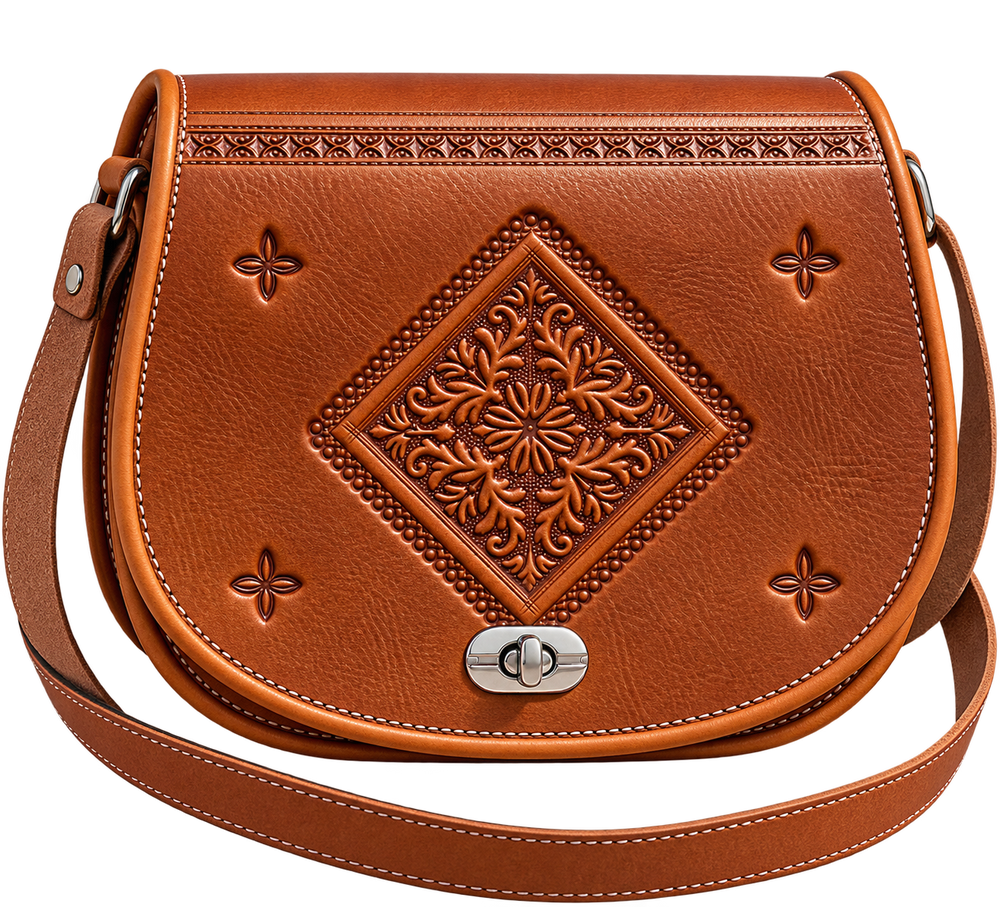 Handcrafted Moroccan Leather Saddle Crossbody Bag – Hand-Tooled Brown Leather
