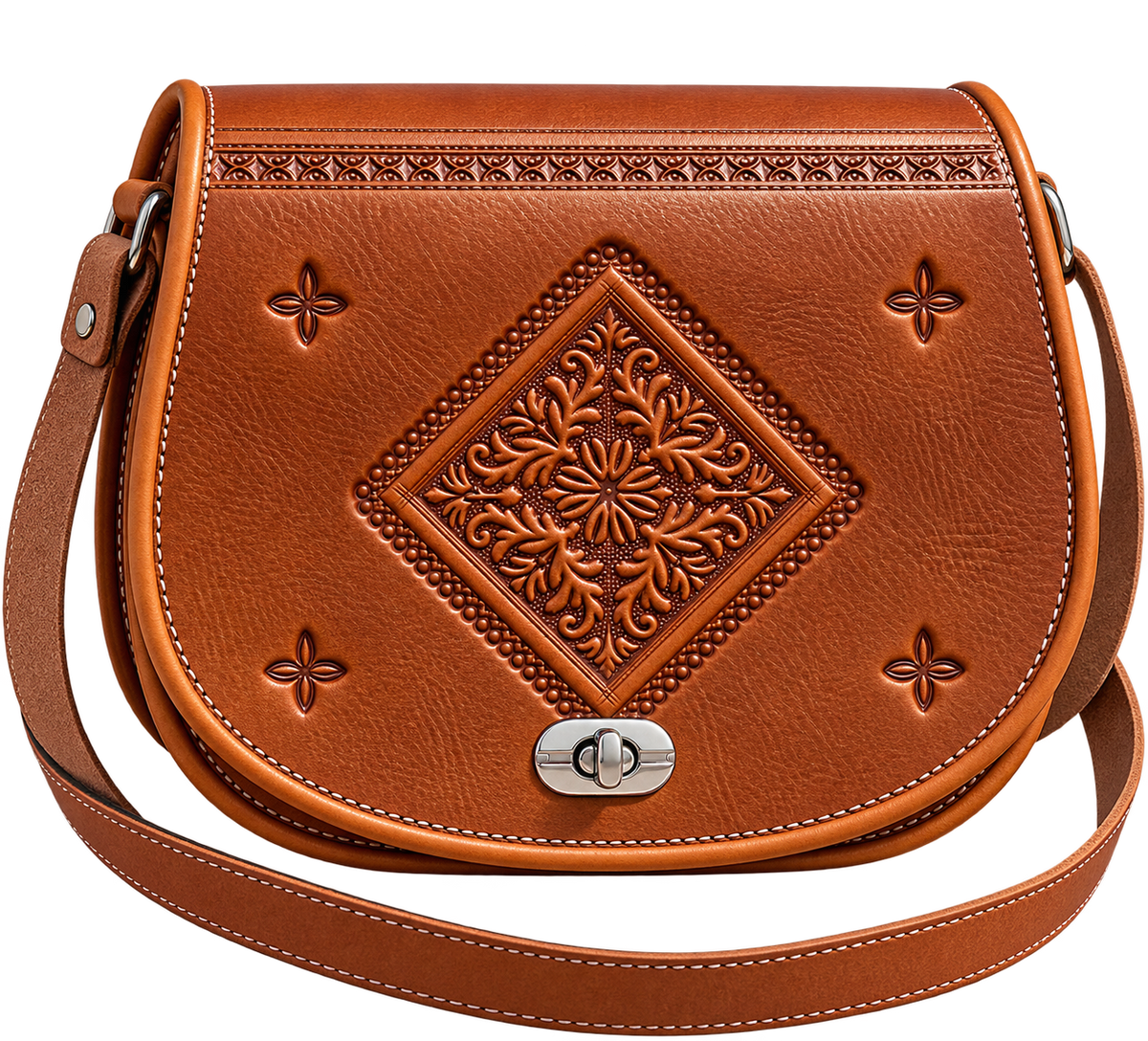 Handcrafted Moroccan Leather Saddle Crossbody Bag – Hand-Tooled Brown Leather