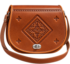 Handcrafted Moroccan Leather Saddle Crossbody Bag – Hand-Tooled Brown Leather