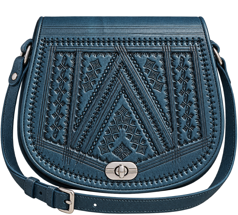 Handcrafted Moroccan Leather Crossbody Bag – Blue Hand-Tooled Amazigh Design