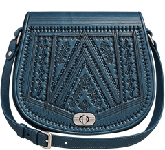 Handcrafted Moroccan Leather Crossbody Bag – Blue Hand-Tooled Amazigh Design