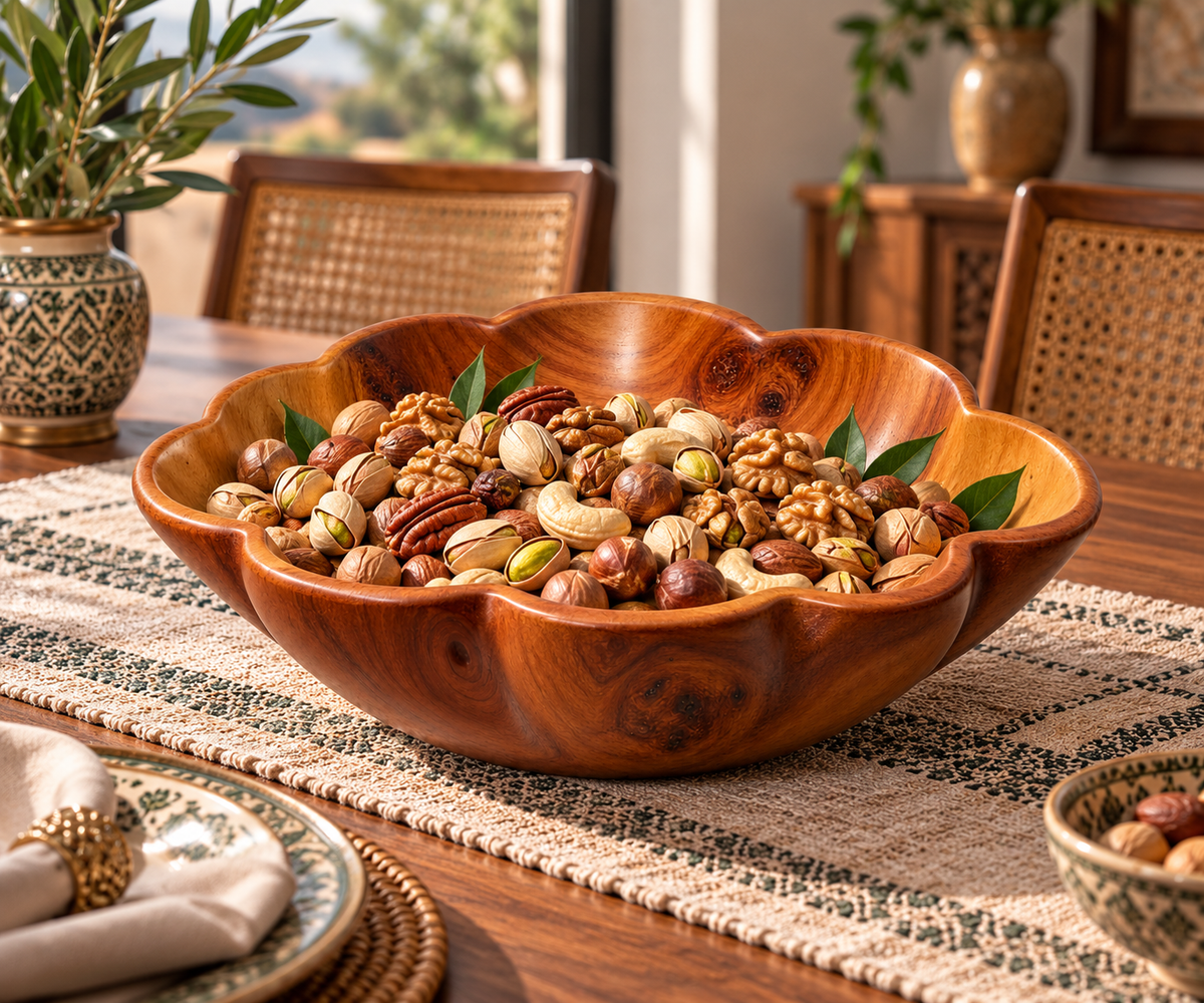 Handcrafted Moroccan Wooden Bowl – Sculptural Flower-Shaped Centerpiece
