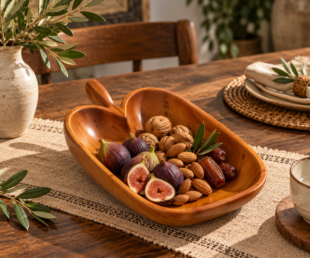 Handcrafted Moroccan Wooden Serving Bowl – Organic Artisan Bowl with Handle
