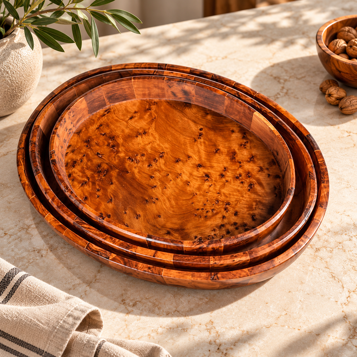 Set of 3 Handcrafted Moroccan Thuya Root Oval Trays – Natural Burl Wood
