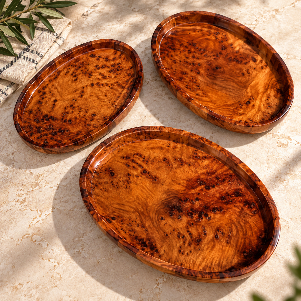 Set of 3 Handcrafted Moroccan Thuya Root Oval Trays – Natural Burl Wood