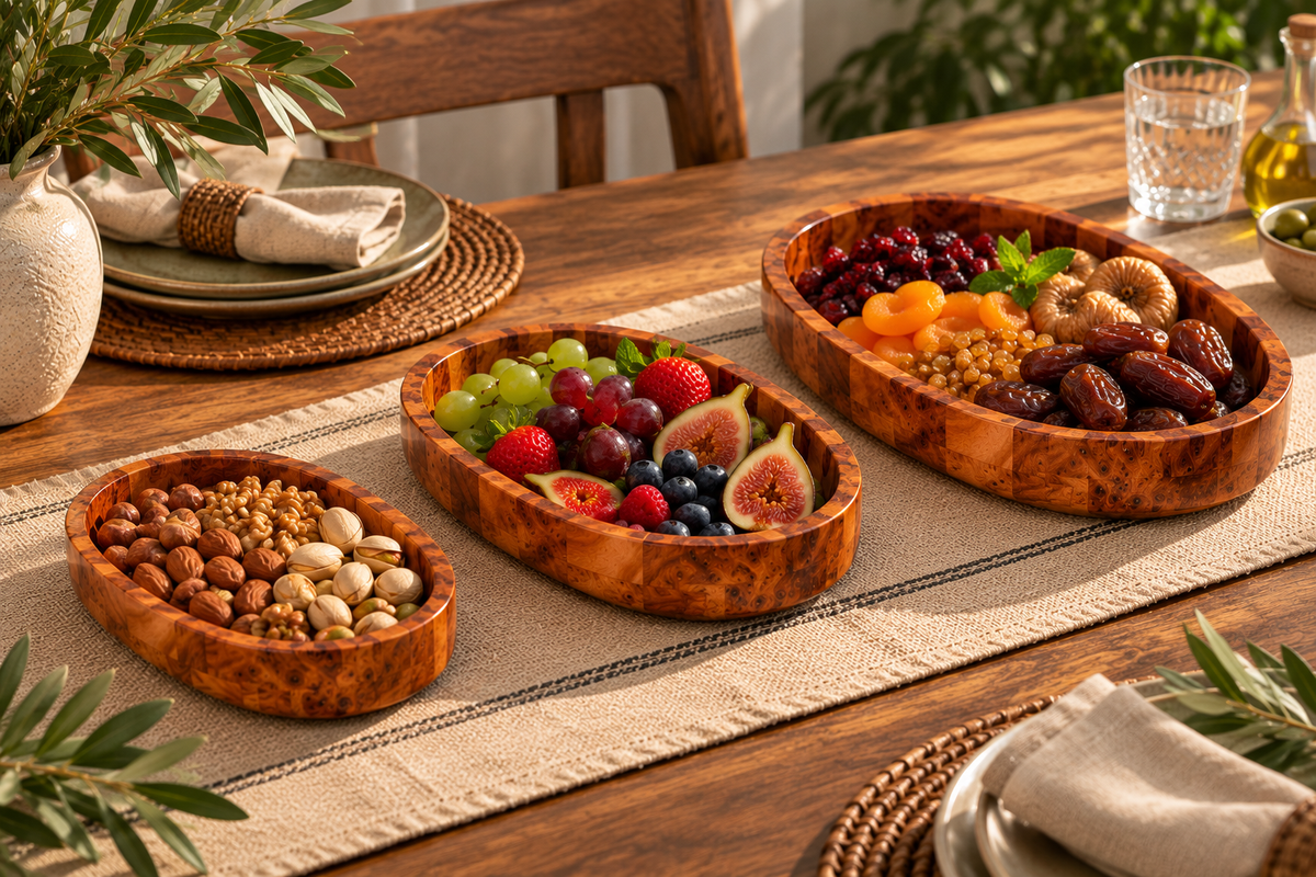 Set of 3 Handcrafted Moroccan Thuya Root Oval Trays – Natural Burl Wood