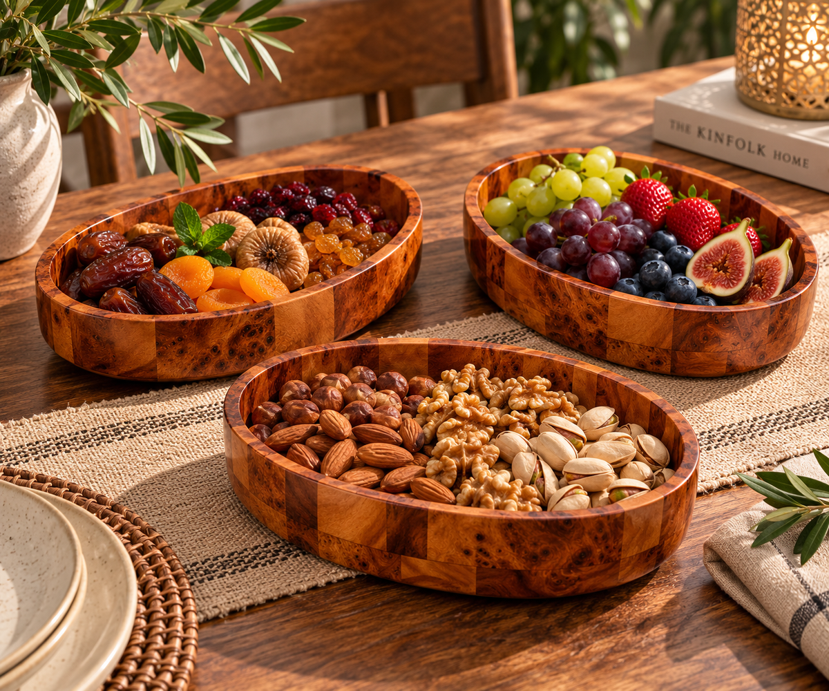 Set of 3 Handcrafted Moroccan Thuya Root Oval Trays – Natural Burl Wood