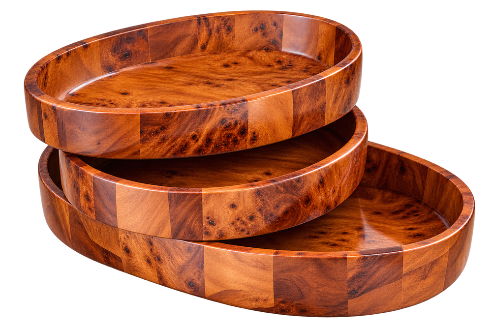 Set of 3 Handcrafted Moroccan Thuya Root Oval Trays – Natural Burl Wood