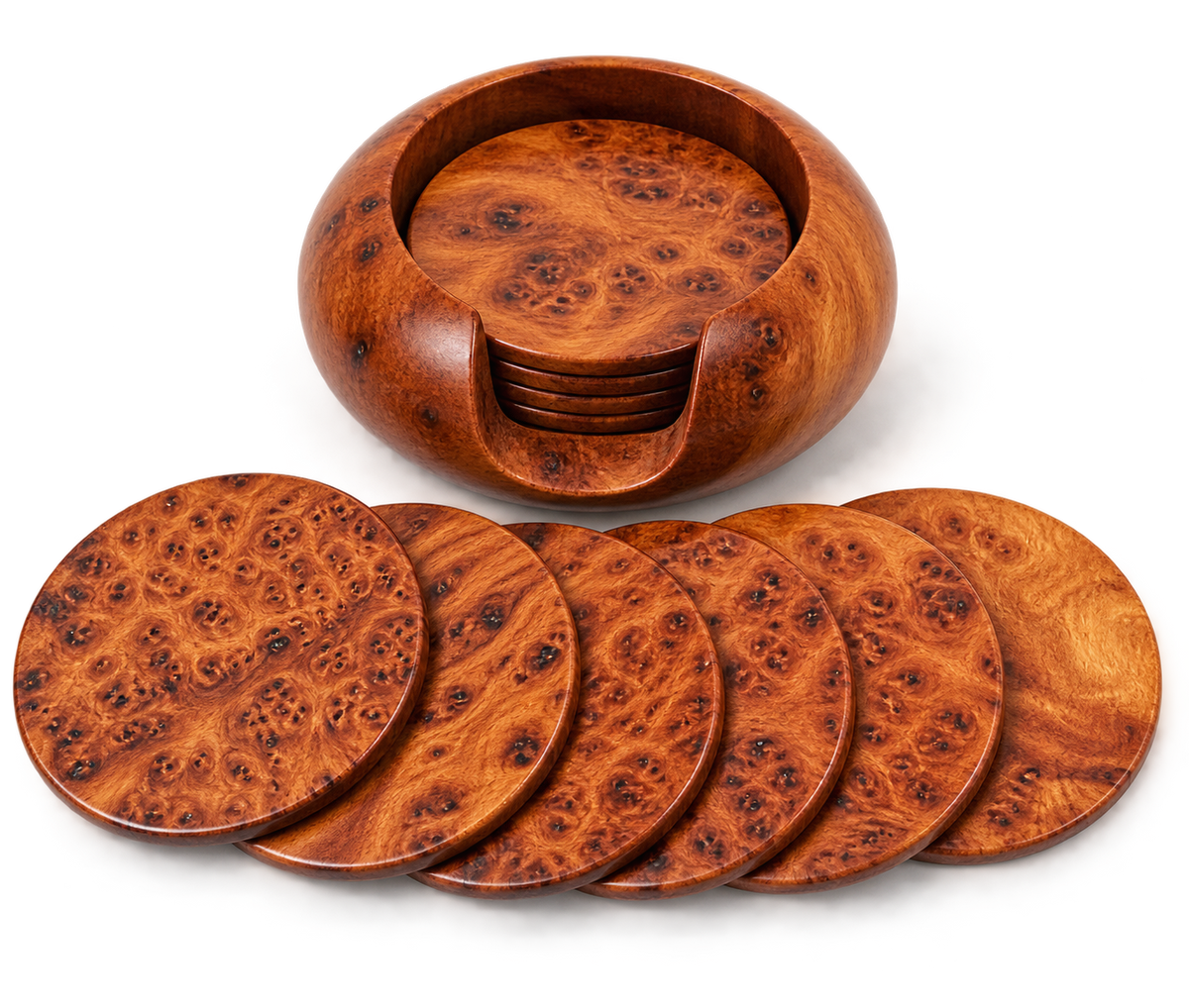 Set of 6 Handcrafted Moroccan Thuya Wood Coasters with Holder – Natural Burl Wood