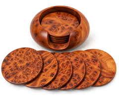 Set of 6 Handcrafted Moroccan Thuya Wood Coasters with Holder – Natural Burl Wood