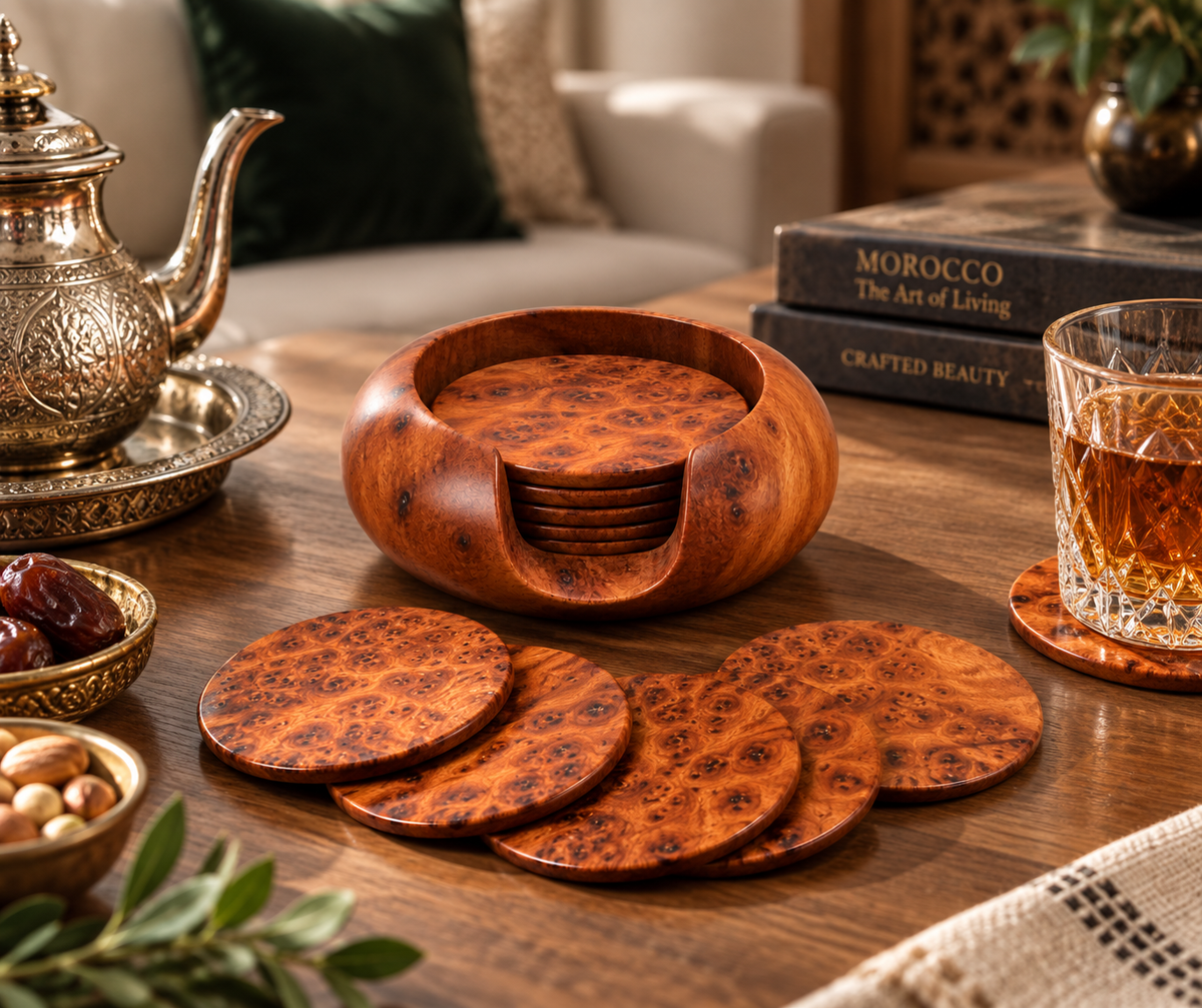 Set of 6 Handcrafted Moroccan Thuya Wood Coasters with Holder – Natural Burl Wood