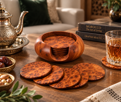 Set of 6 Handcrafted Moroccan Thuya Wood Coasters with Holder – Natural Burl Wood