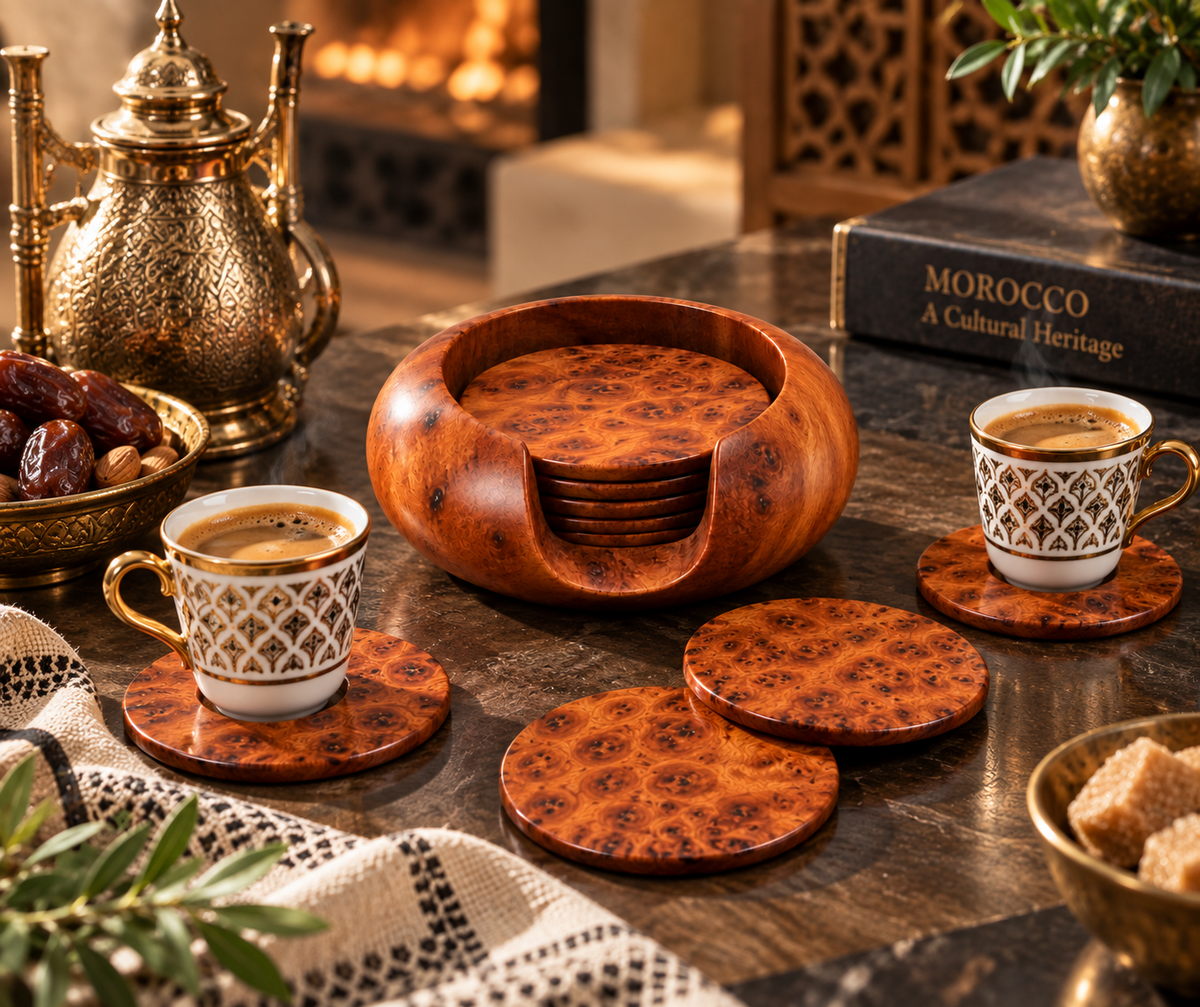 Set of 6 Handcrafted Moroccan Thuya Wood Coasters with Holder – Natural Burl Wood