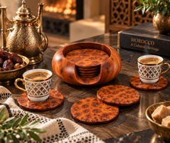 Set of 6 Handcrafted Moroccan Thuya Wood Coasters with Holder – Natural Burl Wood