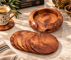 Set of 6 Handcrafted Moroccan Thuya Wood Coasters with Holder – Natural Burl Wood