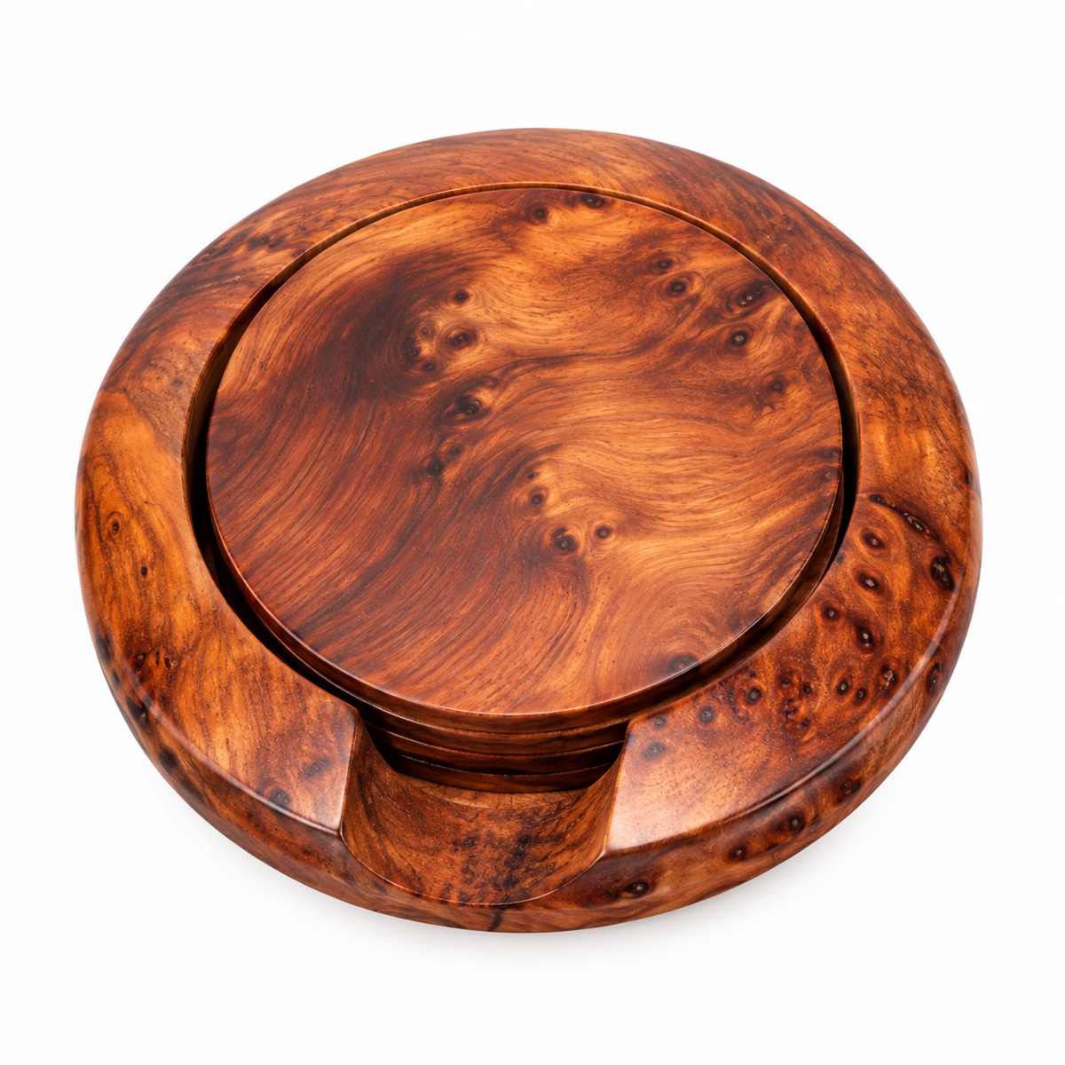 Set of 6 Handcrafted Moroccan Thuya Wood Coasters with Holder – Natural Burl Wood