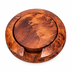Set of 6 Handcrafted Moroccan Thuya Wood Coasters with Holder – Natural Burl Wood
