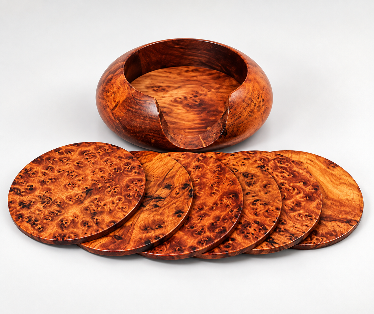 Set of 6 Handcrafted Moroccan Thuya Wood Coasters with Holder – Natural Burl Wood