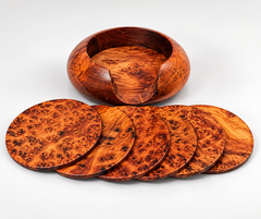 Set of 6 Handcrafted Moroccan Thuya Wood Coasters with Holder – Natural Burl Wood