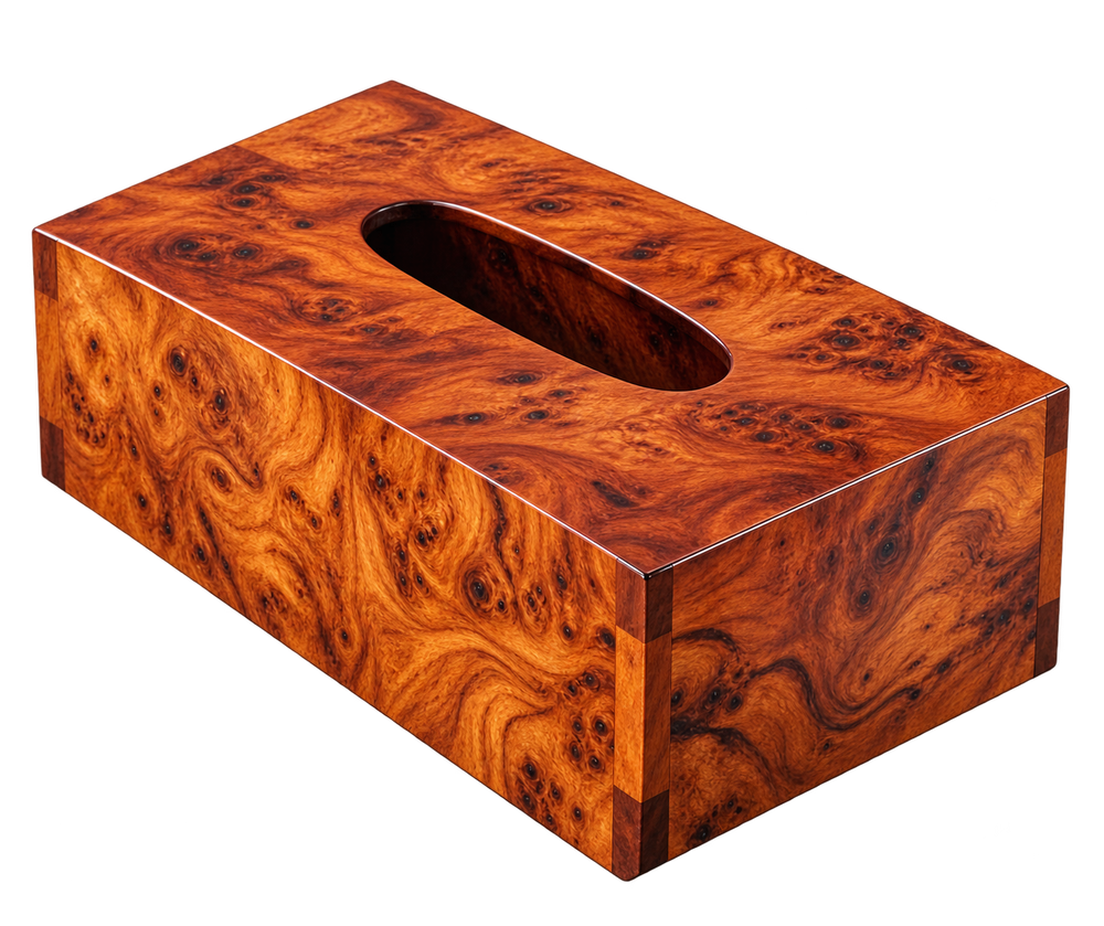 Handcrafted Moroccan Thuya Wood Tissue Box Cover – Natural Burl Grain