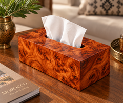 Handcrafted Moroccan Thuya Wood Tissue Box Cover – Natural Burl Grain